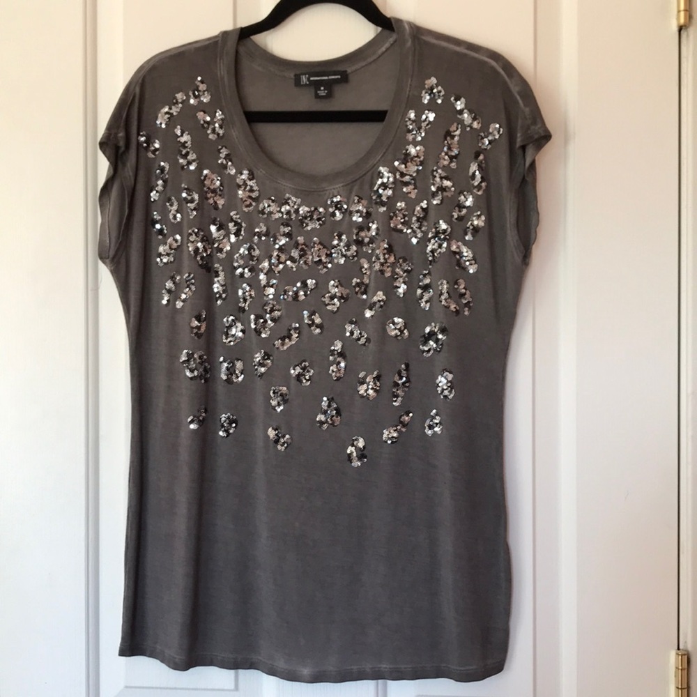 INC Gray Sequin Leopard Design T-Shirt